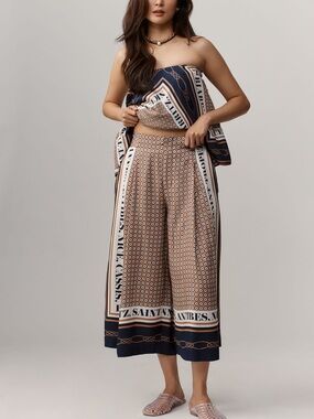 Anthropologie Navy and Tan Patterned Wide-Leg Culotte Pants